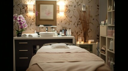 Bed in a private room at a beauty salon
