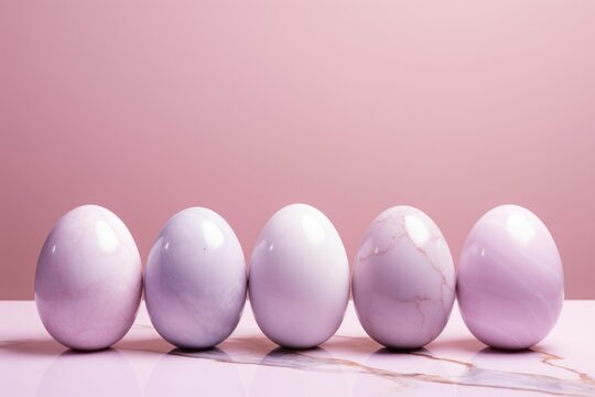 Easter eggs in pink marble, pastel blue background. easter concept.