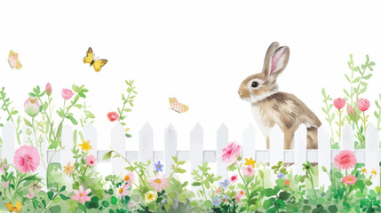 Happy Easter card with cute bunny, flowers and eggs. Vector illustration.