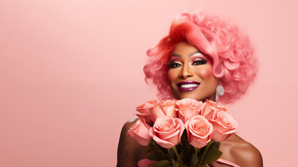 Drag Queen with pink hair with a bouquet of pink roses on a pastel peach background. black African man in a female form.