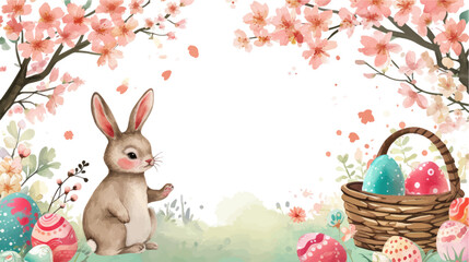 Happy Easter card with cute bunny, flowers and eggs. Vector illustration.