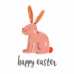 Happy Easter card with cute bunny, flowers and eggs. Vector illustration.