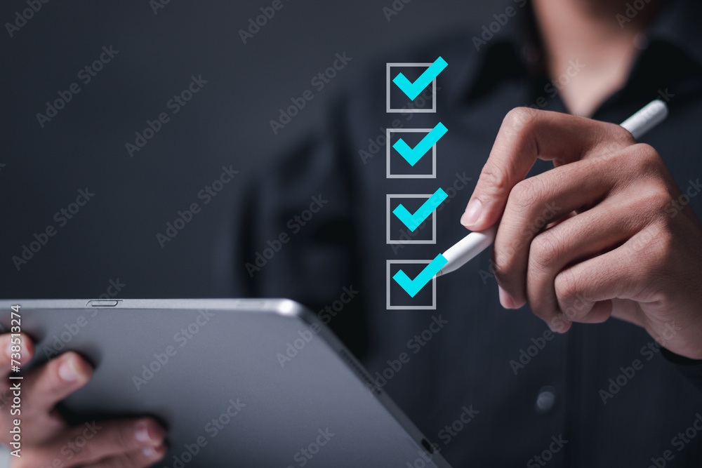 Poster online survey filling out, digital form checklist. businessman using tablet to checking mark on chec