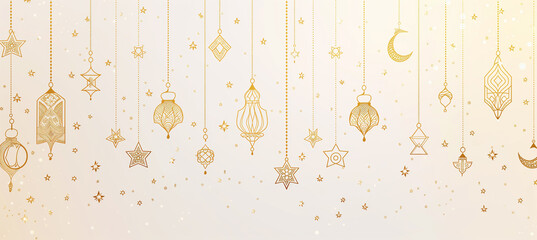 Ramadan design template with hand-drawn hanging lantern, star, and crescent moon line art.