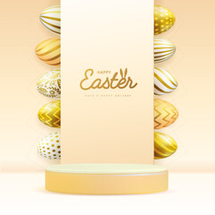 Holiday Easter showcase gold background with 3d podium and colorful easter eggs. Vector illustration