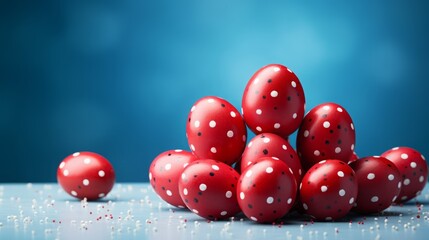 Easter concept. creatively colored chicken eggs similar to strawberries, red with polka dots.
