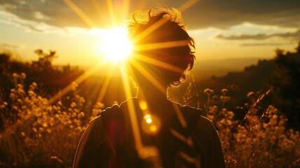 Young man looking at the sun in a field of tall grass.