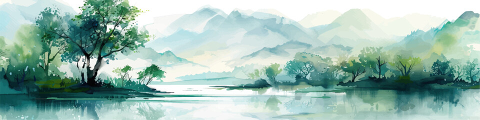 Rural spring landscape with a river and green meadows. Vector watercolor illustration.