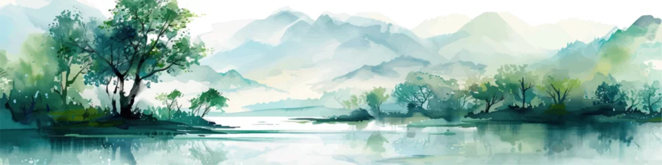 Fotobehang Rural spring landscape with a river and green meadows. Vector watercolor illustration. © Alice