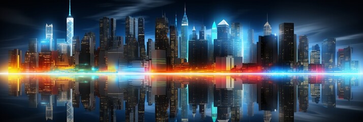 futuristic skyline of an ultra-modern city illuminated by bright lights.