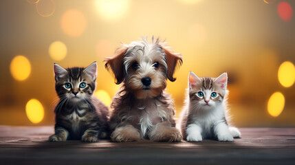 Fototapeta na wymiar Three puppies on a table with a brown and white kitten