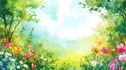 Obraz na płótnie Canvas Rural spring landscape with a river and green meadows. Vector watercolor illustration