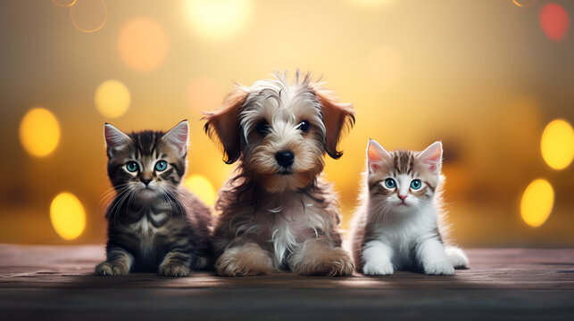 Three puppies on a table with a brown and white kitten