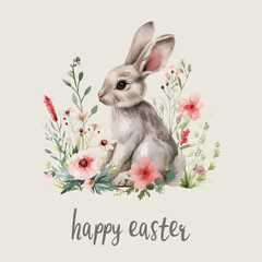 Easter basket with eggs and bunny decorated with flowers. Happy easter