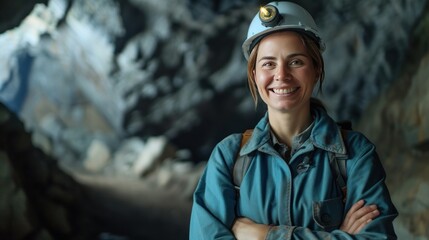 Female engineer standing smiling looking at camera in mining cave