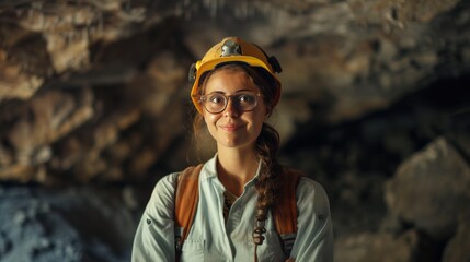 Female engineer standing smiling looking at camera in mining cave
