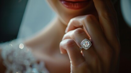 Young bride wearing a beautiful engagement ring close-up