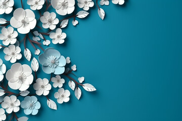 Paper cut flowers and leaves, Fresh spring nature background. Floral banner, poster, flyer template with copy space.