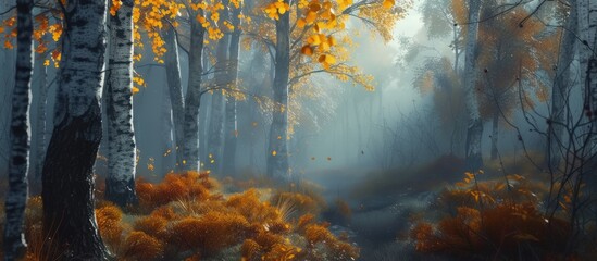 Autumn forest with misty morning glow