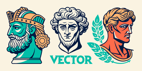 Obraz premium Vector set of logo with antique sculptures. Vector illustration with classical Sculpture for card poster T-Shirt or printing. Contemporary hand drawn mythical collection in line design style. Vector