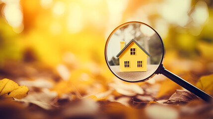 Searching for House Lodging and Property with Magnifying Glass  - obrazy, fototapety, plakaty