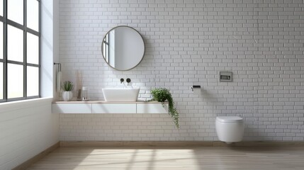 Fototapeta na wymiar Minimalist Bathroom with White Brick Wall AI Generated.