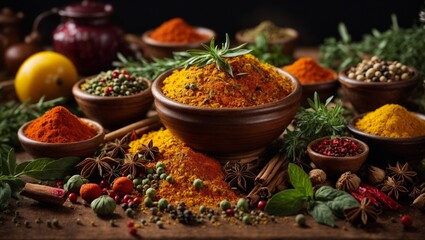 Food ingredients, seasoning herbs and spices in studio background, cinematic food photography