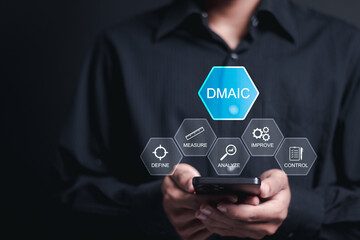 DMAIC concept. Define, Measure, Analyze, Improve and Control. Person using mobile smartphone with...