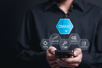 Fotobehang DMAIC concept. Define, Measure, Analyze, Improve and Control. Person using mobile smartphone with DMAIC continuous improvement tools for process quality © Pakin