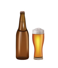 Beer bottle and full glass, vector