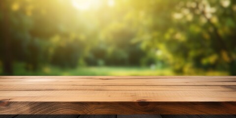 Wooden table on a blurred natural backdrop, for showcasing or presenting products.