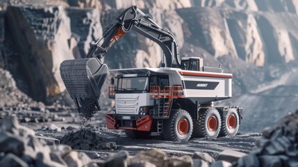 A large excavator loads rock formations into the back of a large dump truck. open pit coal mining - obrazy, fototapety, plakaty