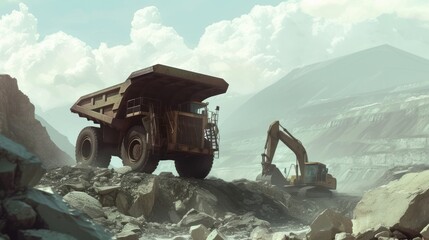 A large excavator loads rock formations into the back of a large dump truck. open pit coal mining - obrazy, fototapety, plakaty