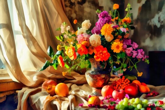 Still life image flowers in a vase and fruits, imitation oil painting.
