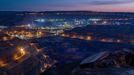 Massive mining infrastructure in Australia for nighttime gold and copper production. Drone view