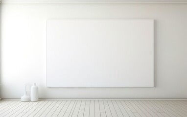 Minimalistic style art studio space mockup. Huge white framed blank art canvas on large wall in minimal room. Soft day light. Gallery, exhibition, exposure. AI Generative.