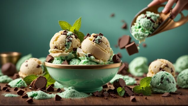 Italian mint chocolate chip ice cream gelato scoops, cinematic food dessert photography, studio background