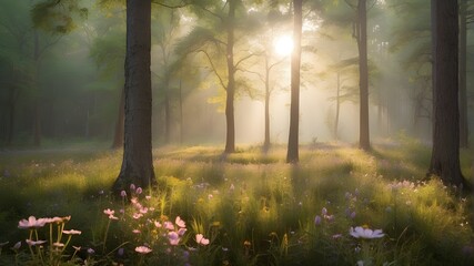 A sunlit forest clearing with dew-kissed wildflowers