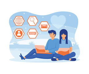 Virtual relationship concept. Online dating and communication. Young man and woman hold phone and write messages.  flat vector modern illustration 