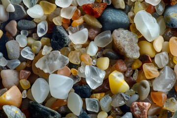 Close-up of sand grains from different beaches, showing unique colors and shapes, microscopic detail, stock photo style.