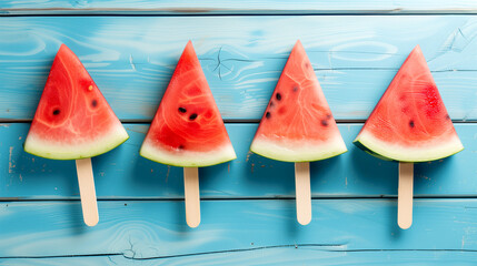 ice cream made from watermelon slices on a blue wooden table, top view