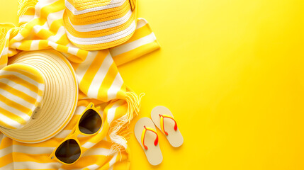 Beach accessories - sunglasses, flip flops, towel, hat - yellow background.