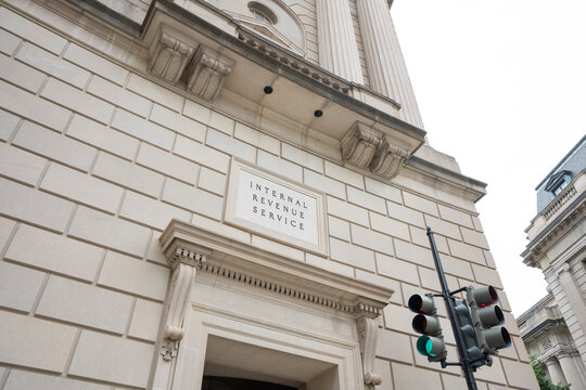 Washington, DC, USA - June 21, 2022: Exterior view of the Internal Revenue Service (IRS) Building, located in the center of the Federal Triangle complex in Washington, DC.