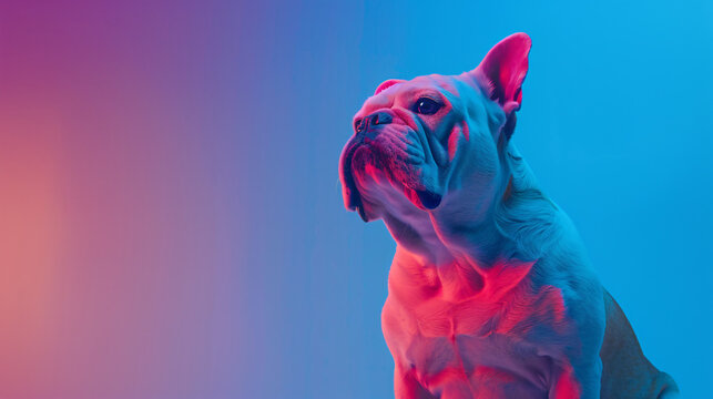 Beautiful purebred Bulldog dog in neon.