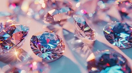 diamonds of different cuts and sizes on a light background with shadows - obrazy, fototapety, plakaty