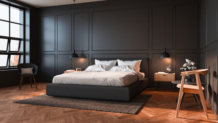 Modern bedroom with a large bed, black walls,wooden floor.The room has a cozy, minimalist aesthetic interior. 3D rendering
- 738521258