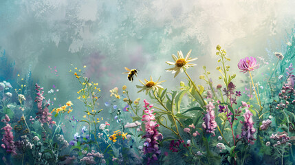 Bees pollinate flowers in the morning fog. - obrazy, fototapety, plakaty