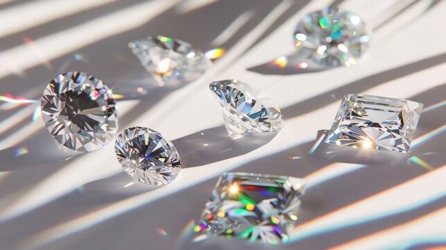 diamonds of different cuts and sizes on a light background with shadows