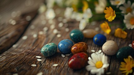 oxide beads It is a natural stone painted in various colors, round shape, placed on a classic wooden floor