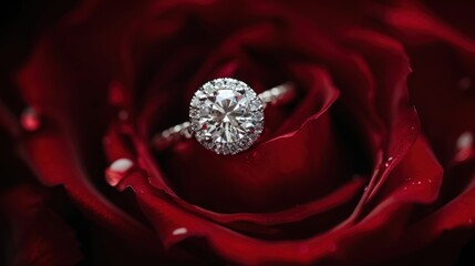 Platinum diamond ring on red rose
